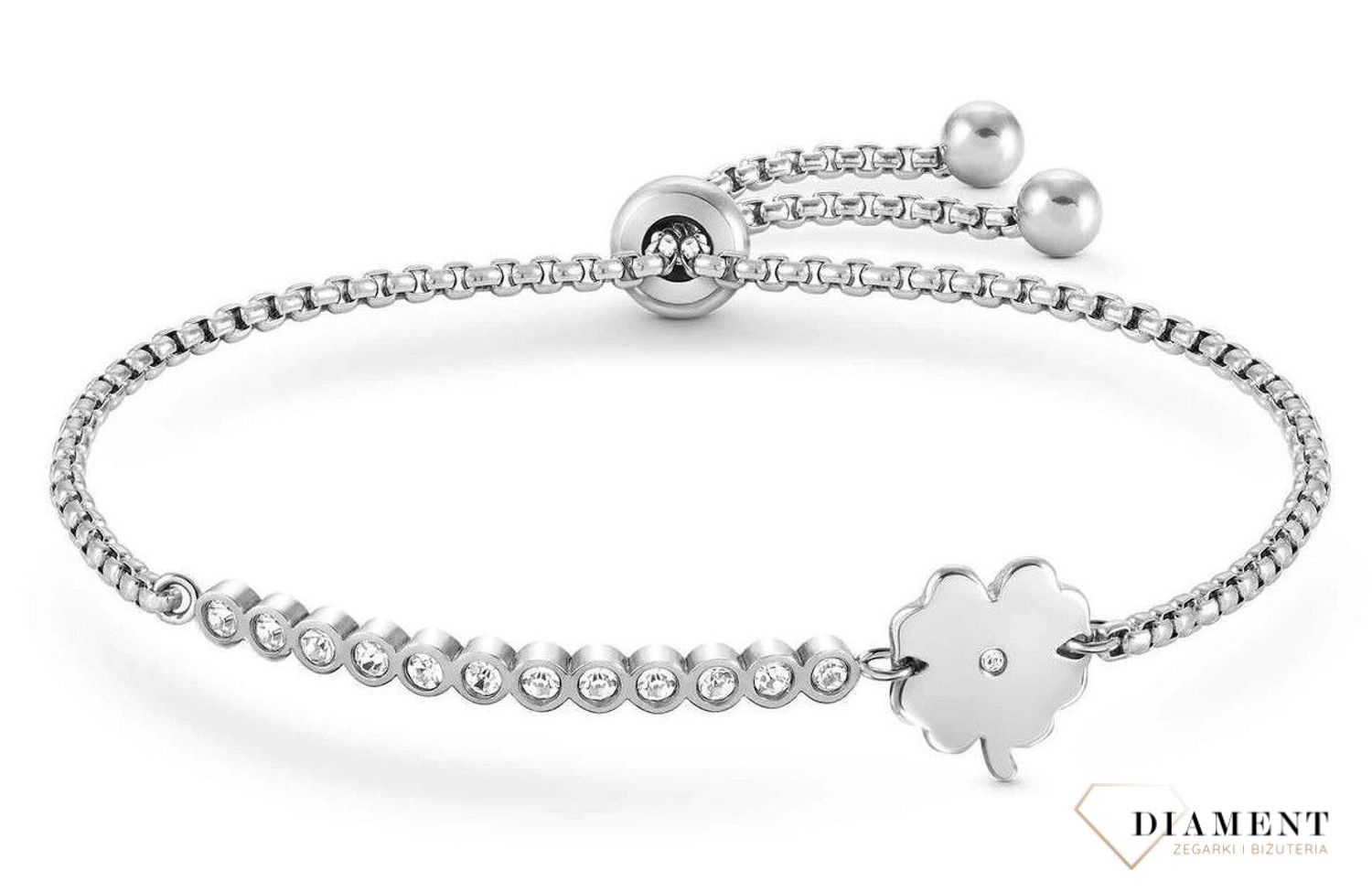 Bransoletka Nomination Italy z kolekcji Milleluci. Wykonana ze stali szlachetnej, zdobiona mieniącymi się, błyszczącymi cyrkoniami oraz zawieszką w kształcie czterolistnej koniczyny w kolorze srebra.  (2).jpg